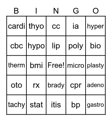 Medical Terminology Bingo Card