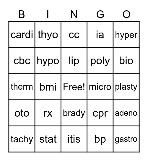 Medical Terminology Bingo Card