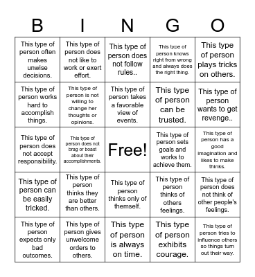 Character Traits Bingo Card