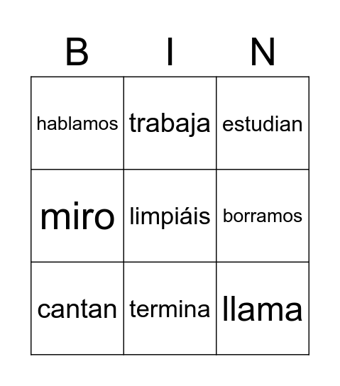 Verbos Espanoles Bingo Card