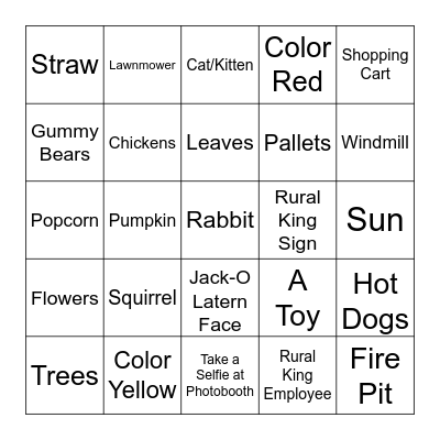 Rural King Scavenger Hunt Bingo Card