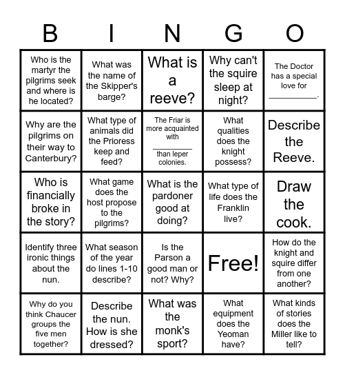 THE CANTERBURY TALES - Prologue Bingo Card