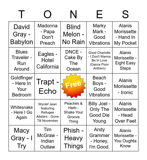 Game Of Tones 10/7/21 Game 1 Bingo Card