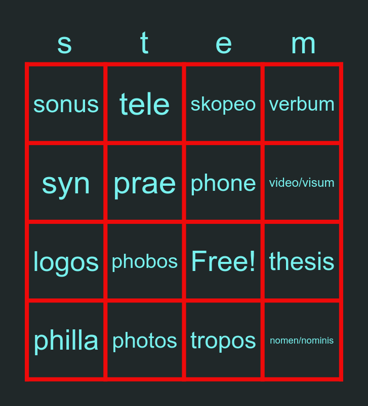 Stems Bingo Card