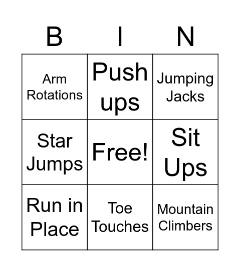 Fitness Bingo Card