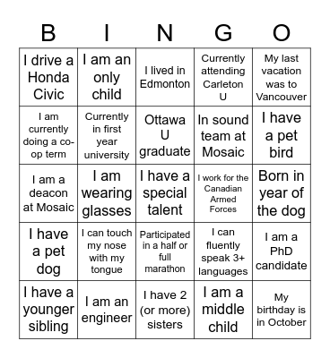 GET TO KNOW ME BINGO Card