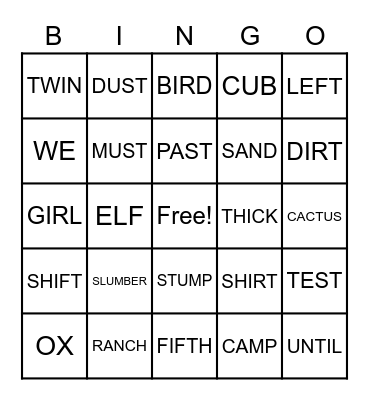 Spelling Word Bingo Card