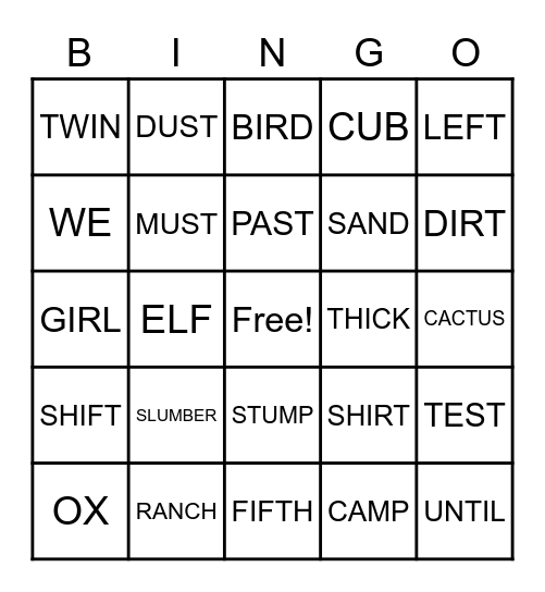 Spelling Word Bingo Card