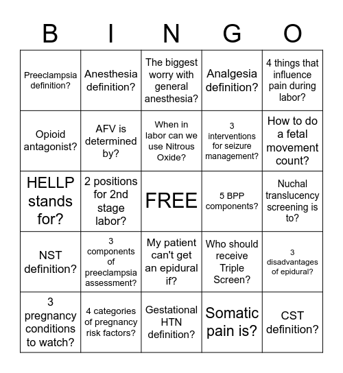 High-Risk Pregnancy and Pain Bingo Card