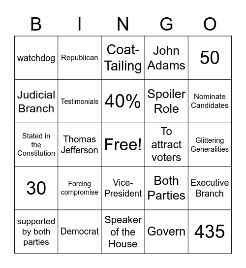 Government Test Review Bingo Card