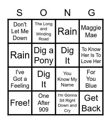 70's The Beatles Bingo Card