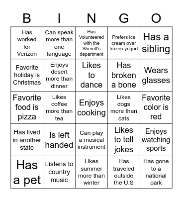 Get To Know You BINGO! Bingo Card