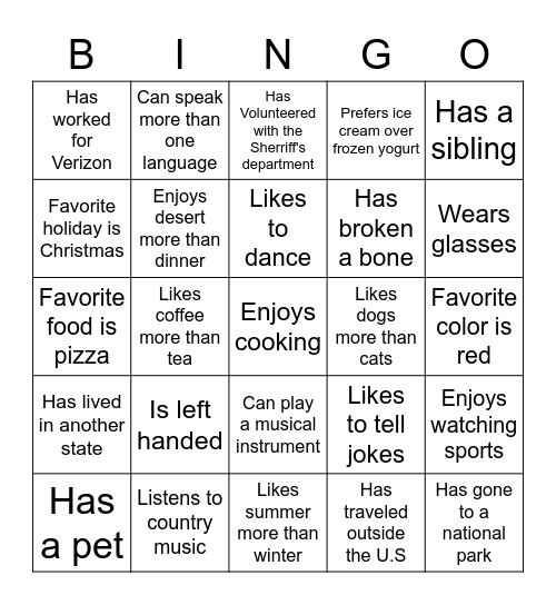 Get To Know You BINGO! Bingo Card