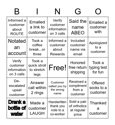 Call Center Bingo Card