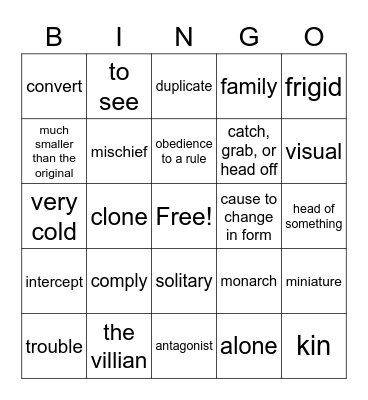 Vocabulary Bingo Card