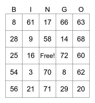 Spanish numbers Bingo Card