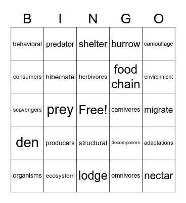 Science Animal Adaptations Bingo Card