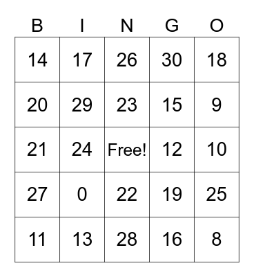 Number Bingo Card