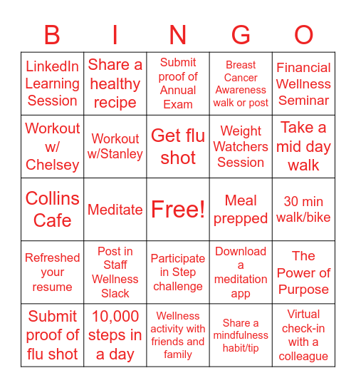 NFLPA Wellness Month Bingo Card