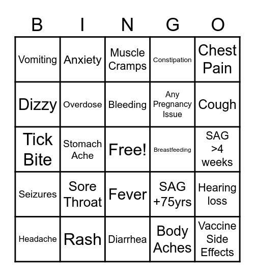Symptom Bingo Day 3 Three Lines Bingo Card