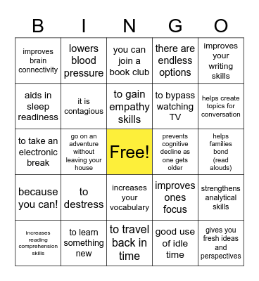 Benefits of Reading Bingo Card