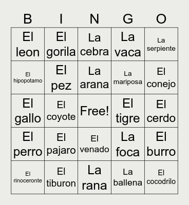 Los animales Bingo Card