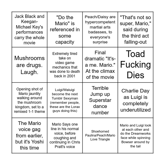 Mario Movie Cursed Predictions Bingo Card