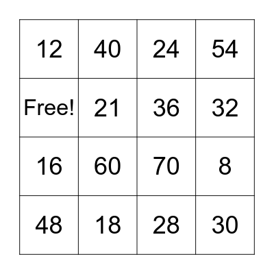 Multiplication Bingo Card