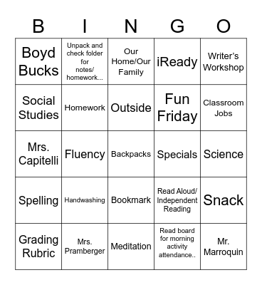 Meet the Teacher Night Bingo Card