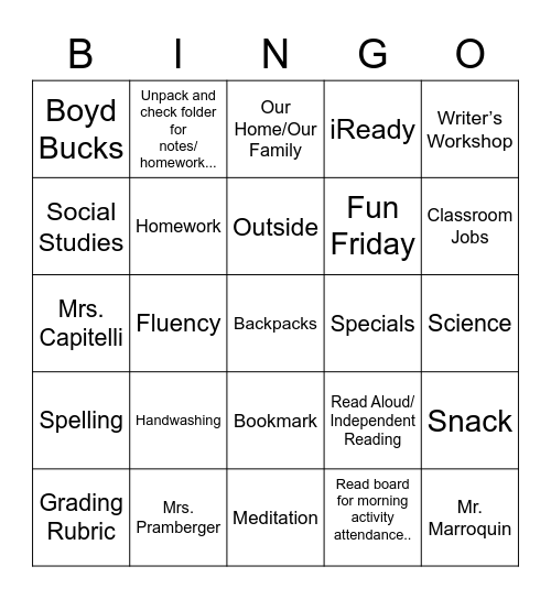 Meet the Teacher Night Bingo Card