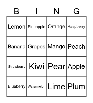 fruits Bingo Card