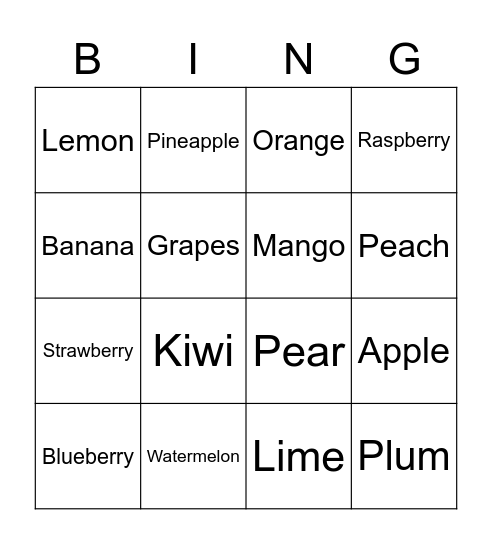 fruits Bingo Card