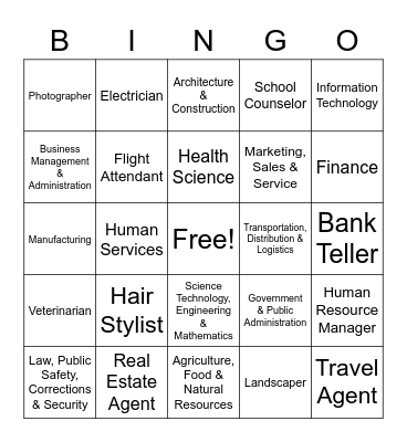 Career Clusters Bingo Card