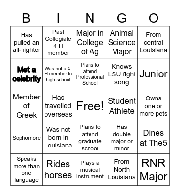 LSU Collegiate 4-H Bingo Card