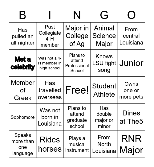 LSU Collegiate 4-H Bingo Card