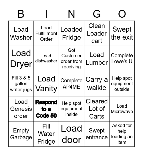 Loader Bingo Card