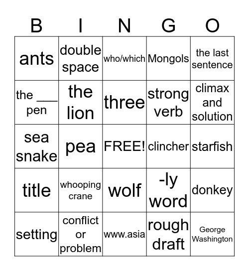 IEW  Bingo Card