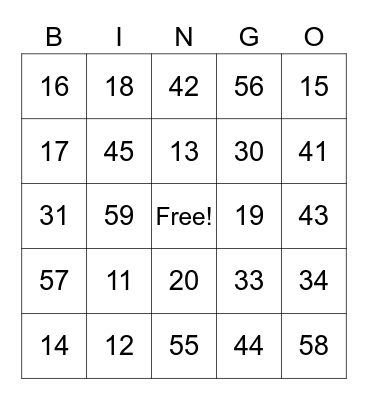 Number Bingo Card
