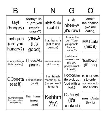 Food Bingo Card