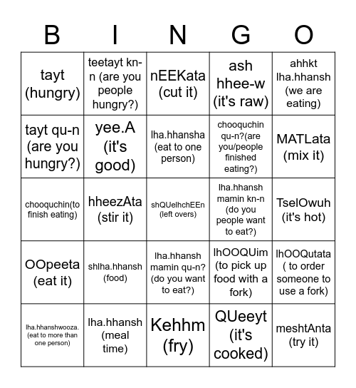 Food Bingo Card