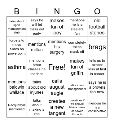 Dr. Miller Bingo Card