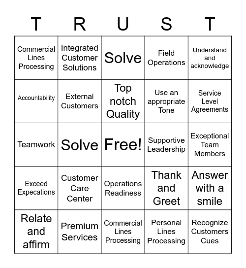 The Power Of Service Bingo Card