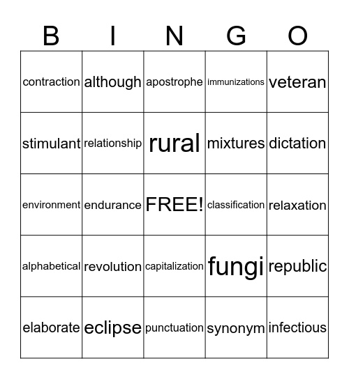 4th GRADE Bingo Card