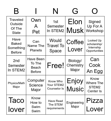 STEM2 Bingo Card