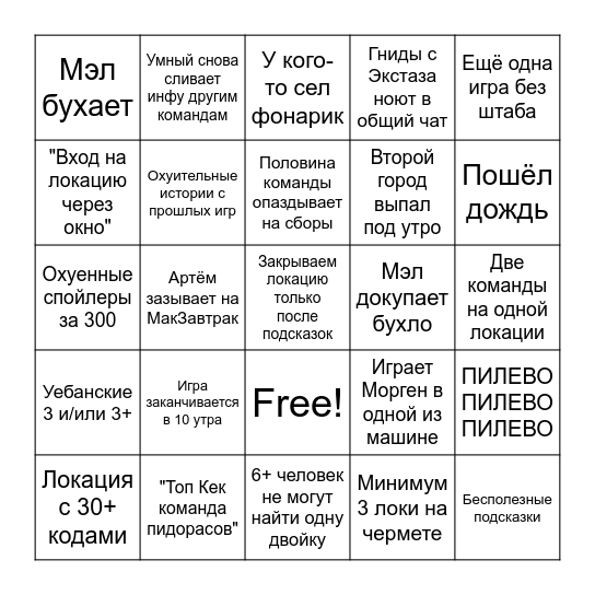 ДОЗОРНОЕ БИНГО Bingo Card
