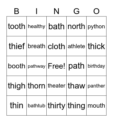 TH Articulation Bingo Card