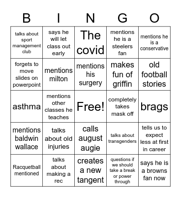 Dr. Miller Bingo Card