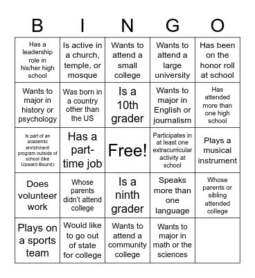 College Bound Bingo Card