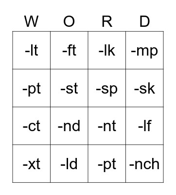 Ending Blends Bingo Card