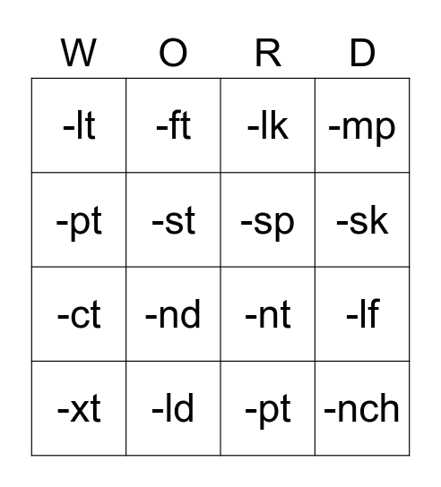 Ending Blends Bingo Card
